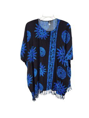 Blue Tribal Caftan Top One Size Fringe Boho Festival Beach Coverup Oversized